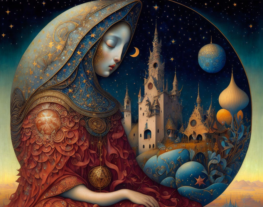 Fantasy painting of woman with starry veil, castle, and celestial landscape