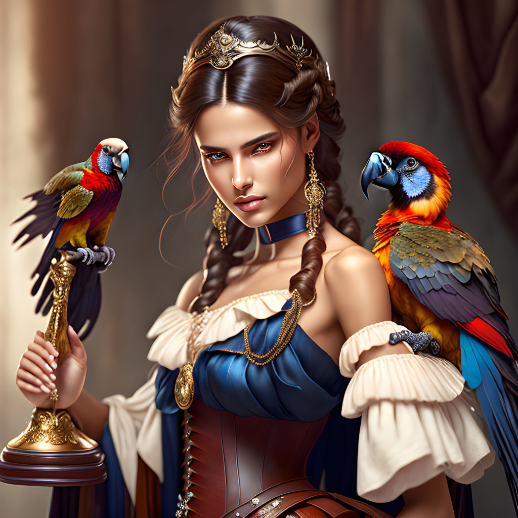 Regal woman with braided hair, crown, and parrots on golden stand