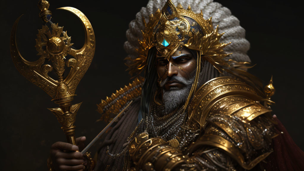 Regal figure in golden armor with ceremonial weapon