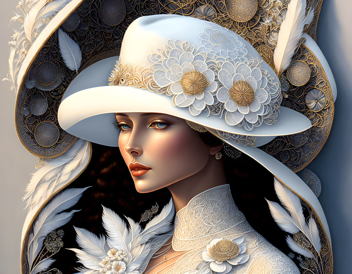 Digital Artwork Featuring Woman in Decorative White Hat with Lace Motifs, Feathers, and Floral