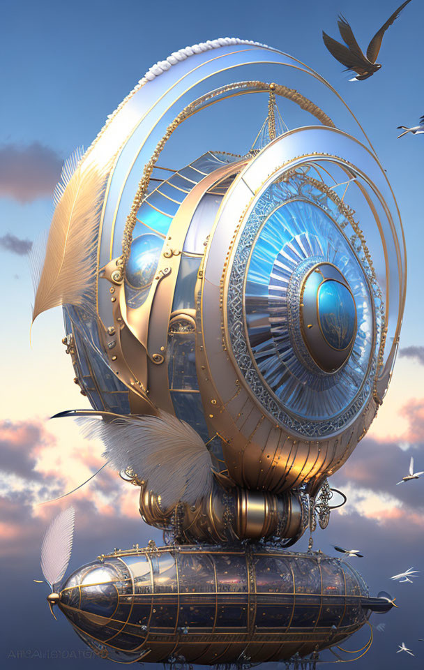 Steampunk-style airship with feather-like elements and central eye design in cloudy sky