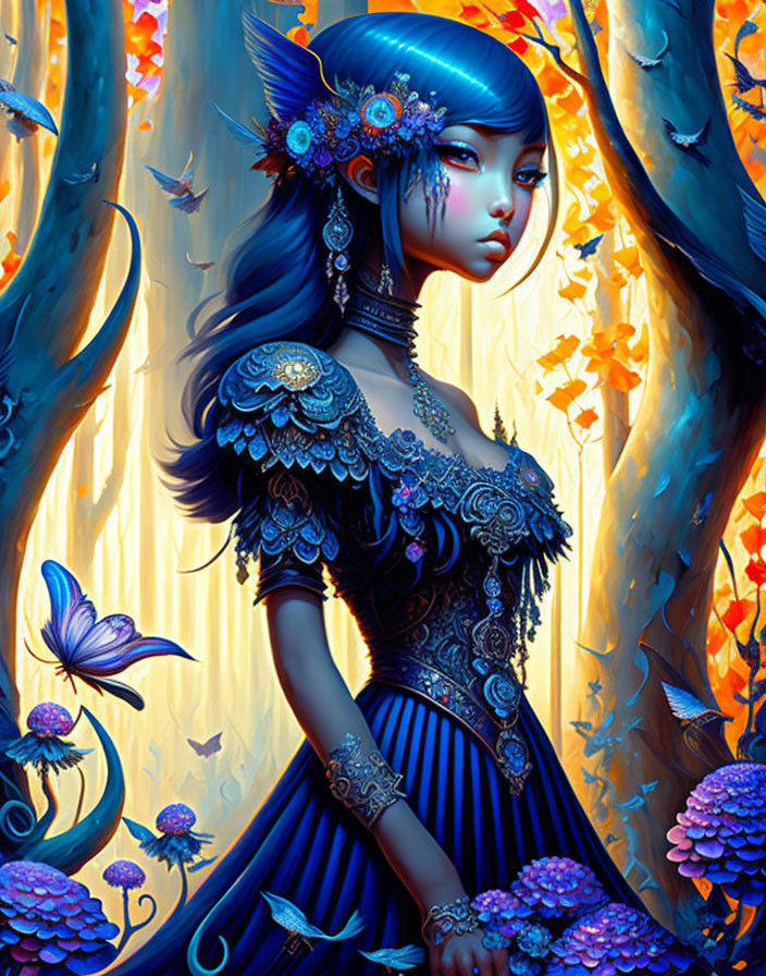 Illustrated female figure with blue hair in ornate dress in autumn forest with purple flowers and butterfly