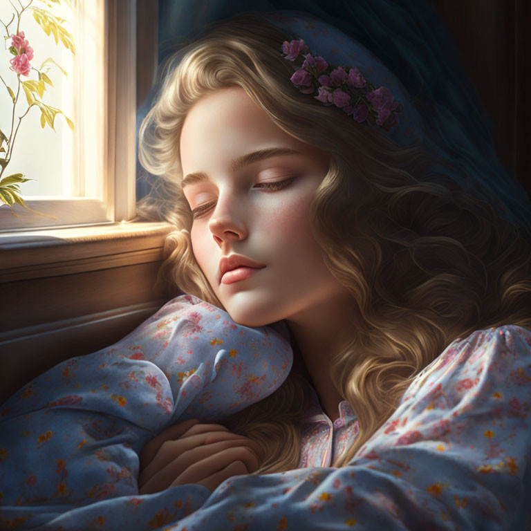 Curly-haired girl in floral pajamas sleeps by sunny window