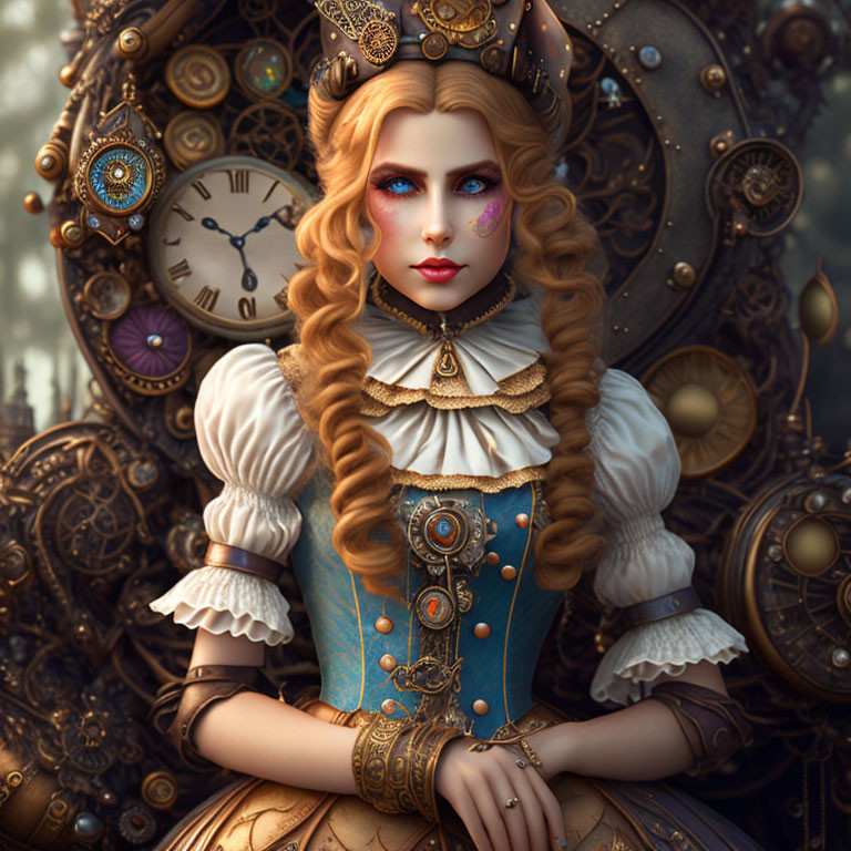 Victorian woman with golden hair in steampunk setting