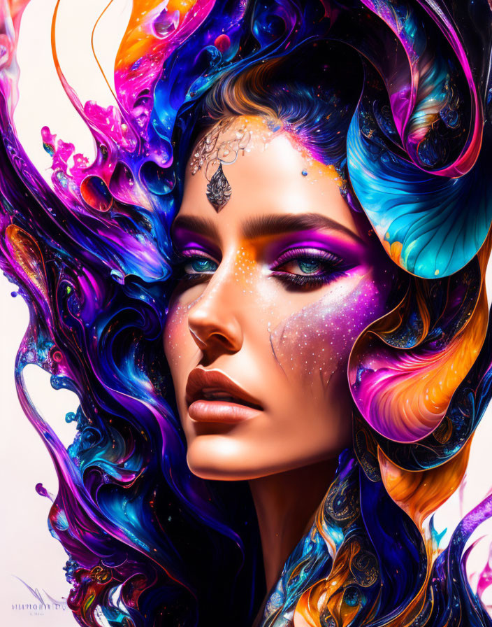 Colorful digital art portrait of a woman with cosmic makeup and flowing hair.