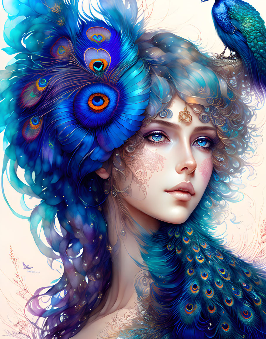 Digital artwork featuring woman with peacock feather hair, blue eyes, and ornate facial markings, with