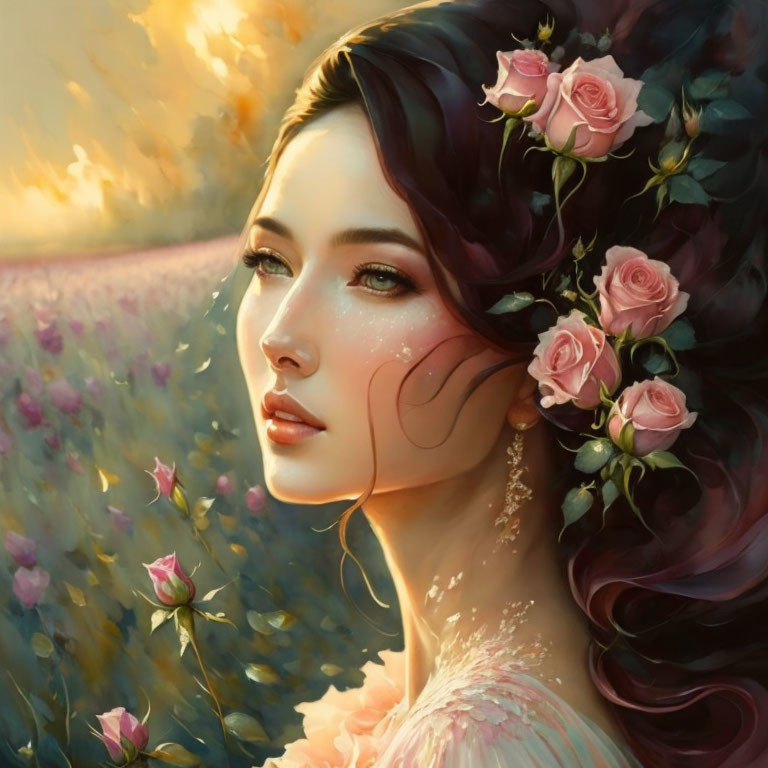 Illustration: Woman with roses in hair, tear-like sparkles, gazing at sunset field