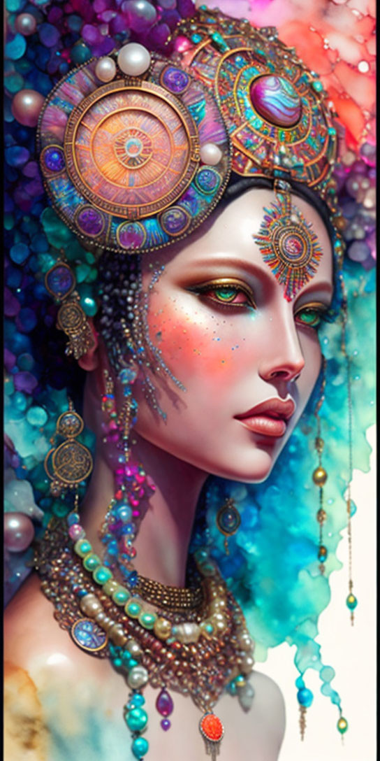 Colorful artwork of woman with intricate headdress, jewelry, and makeup on vibrant background