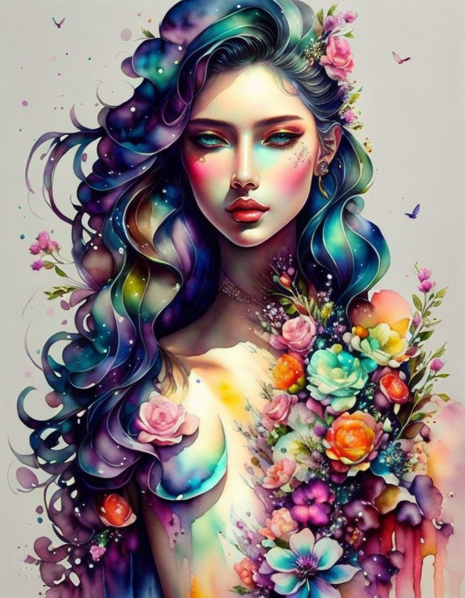 Multicolored Hair Woman Illustration with Cosmic and Floral Motifs