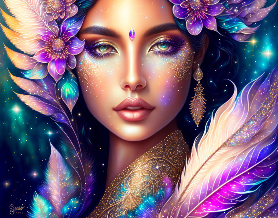 Colorful digital portrait of a woman with floral and feather adornments