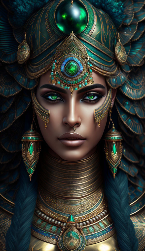 Intricate golden and teal jewelry on woman with peacock feather motif headdress