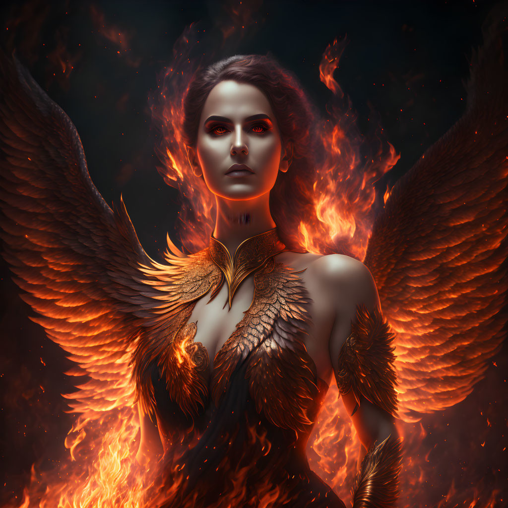 Dark-haired woman with wings in flames, golden feathered collar