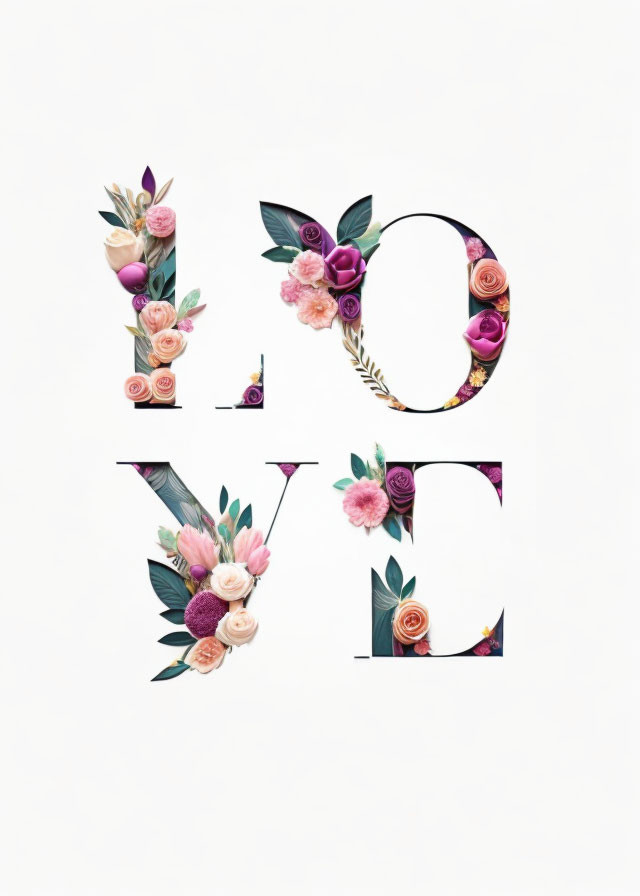 Colorful Flower and Leaf "LOVE" Word Art on White Background