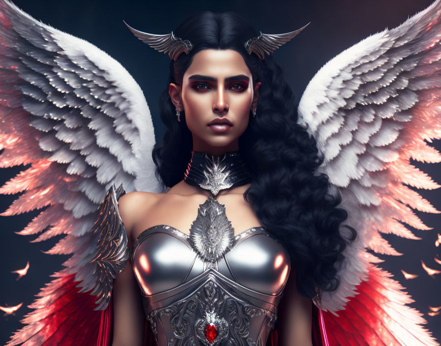 Fantasy illustration of woman with dark hair, horns, angelic wings, and ornate silver armor