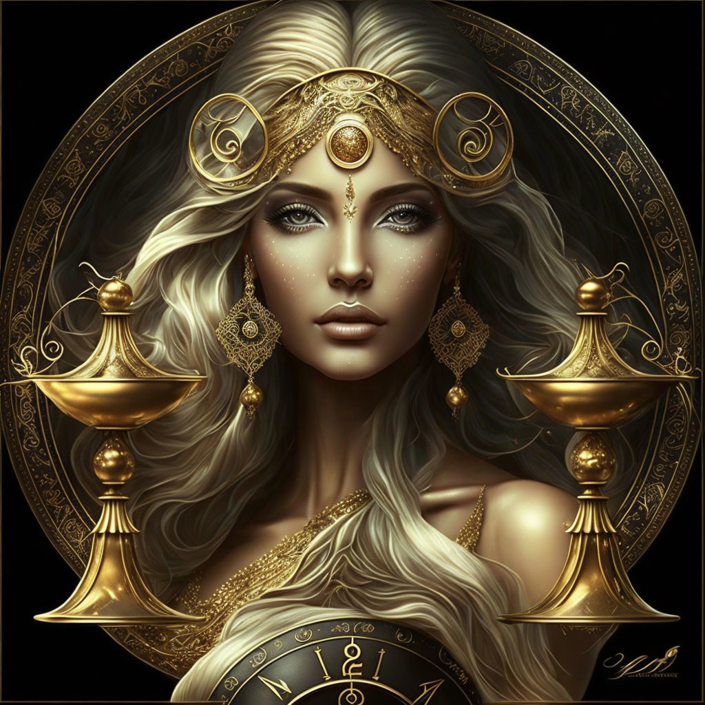 Ethereal woman with Libra symbolism and golden jewelry on dark astrological background