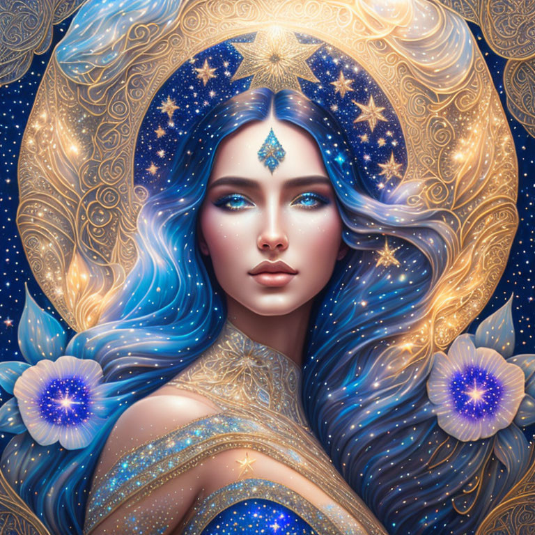 Woman with Blue Hair Adorned in Stars and Flowers with Celestial Motif