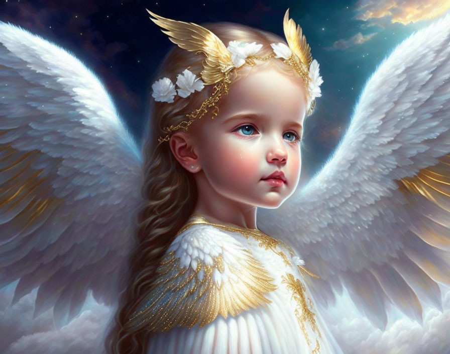 Digital Art Portrait of Young Angelic Figure with White Wings and Golden Laurel