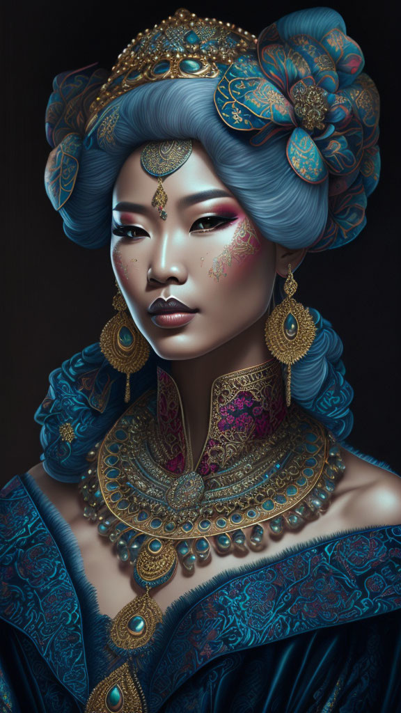 Elaborate Blue Hair Woman with Gold Jewelry and Elegance