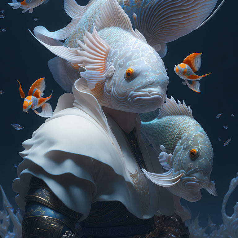 Surreal Illustration: Humanoid Figures with Fish Heads in Underwater Scene