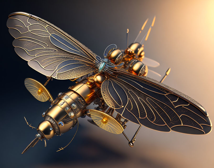 Detailed Mechanical Dragonfly with Gears & Metallic Surfaces