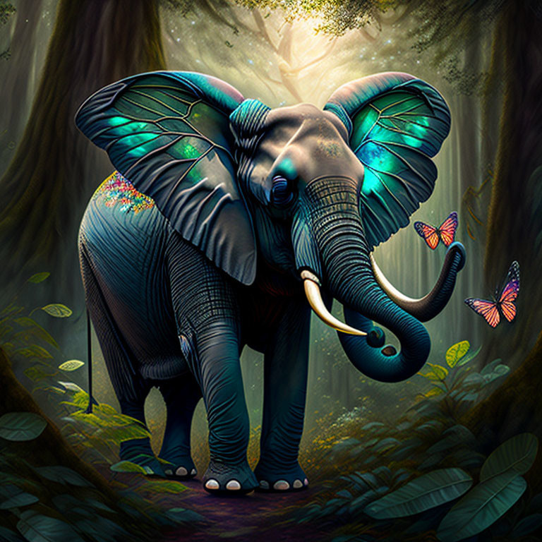 Vibrant blue and green elephant in mystical forest with butterflies