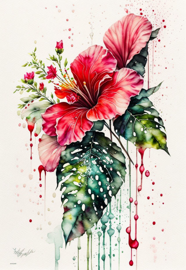 Colorful Watercolor Painting of Red Hibiscus Flower