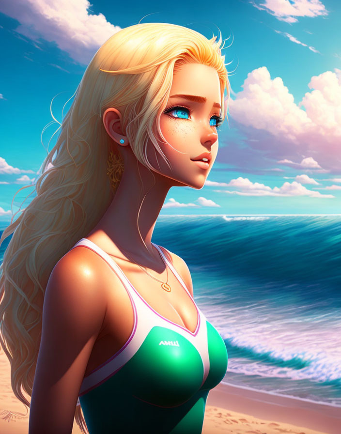 Blonde animated character in swimsuit gazes at horizon on sunny beach