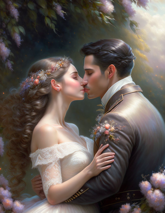 Illustrated couple kissing in soft light with flowers, man in uniform, woman in white dress