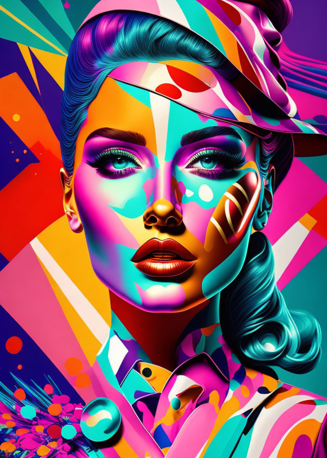 Colorful digital artwork of stylized woman with exaggerated features