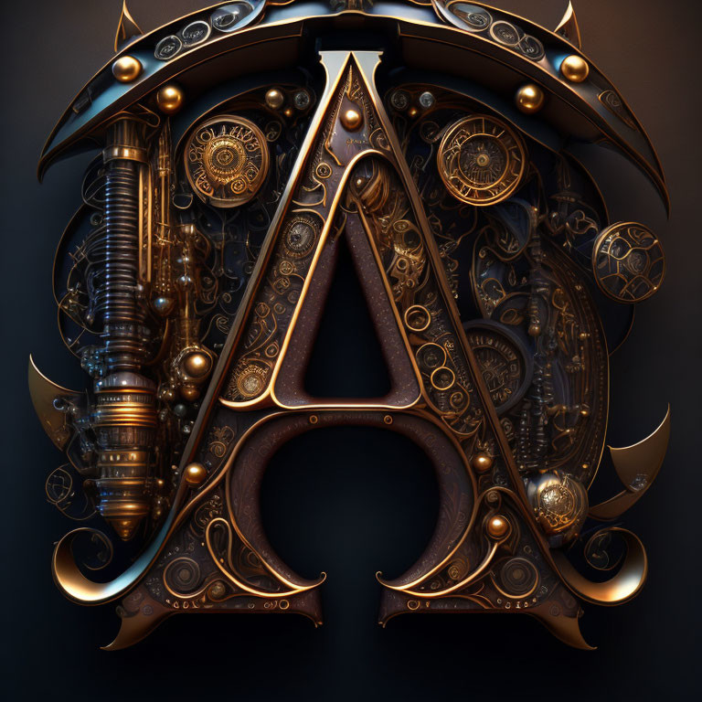 Intricate steampunk-inspired letter 'A' with mechanical details