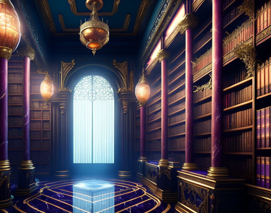 Luxurious library interior with purple columns, golden accents, and glowing cube light