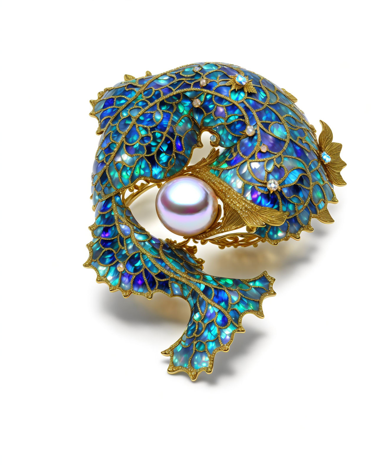 Peacock-Shaped Brooch with Blue Gemstone Feathers and Pearl on Gold Base