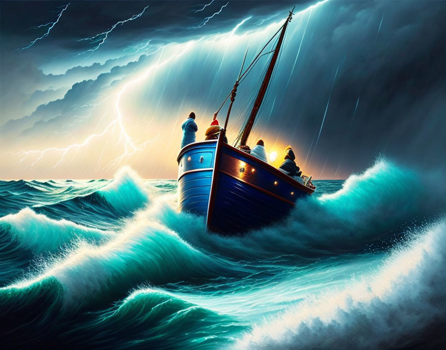 Stormy seas: Boat and people facing towering waves and lightning