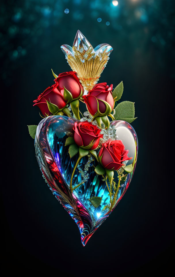 Heart-shaped glass vessel with red roses, gold accents, and crystal crown on bokeh light background.