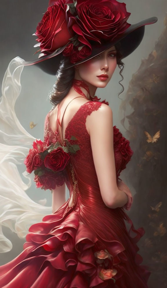 Elegant woman in red dress with roses, wide-brimmed hat, and white scarf