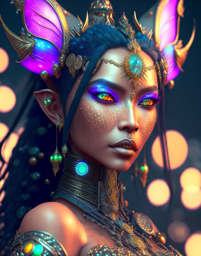 Fantasy female character with glowing eyes and ornate headpiece on bokeh light background