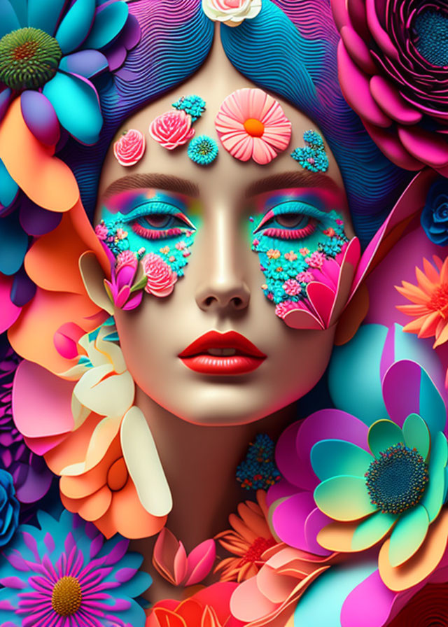 Vibrant floral face art blending nature and fantasy