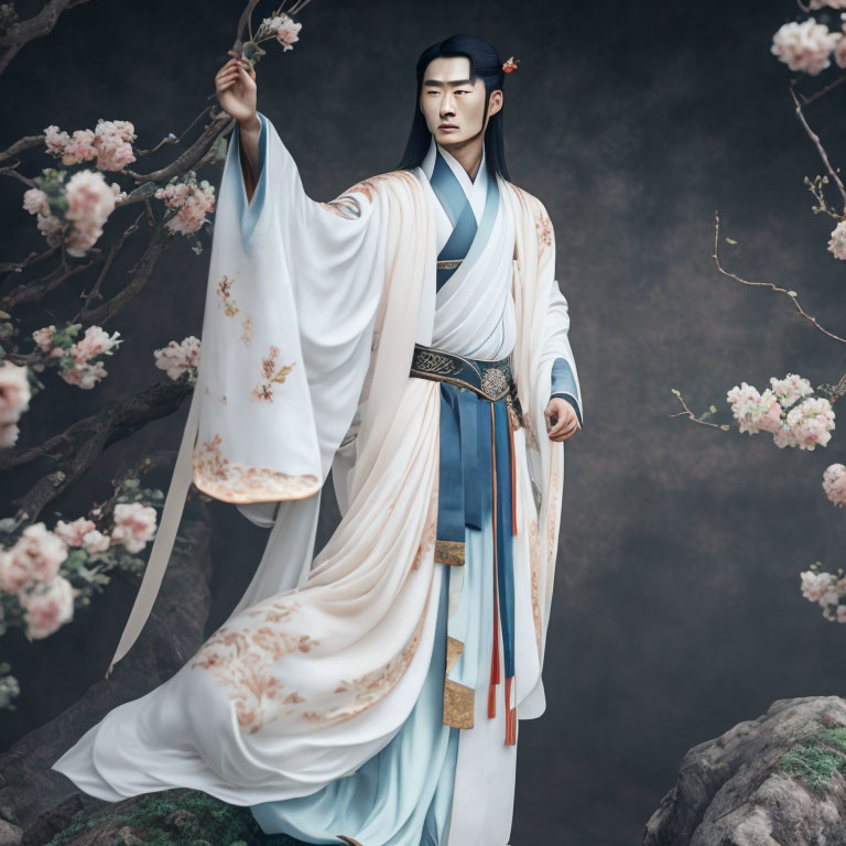 Traditional East Asian Attire Figure Surrounded by Flowering Branches