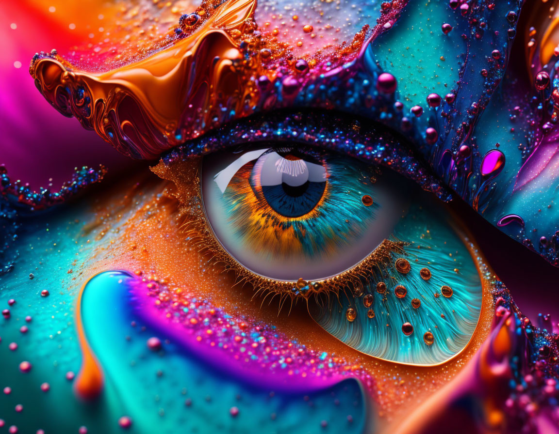 Detailed Close-Up of Human Eye with Surreal Liquid Embellishments