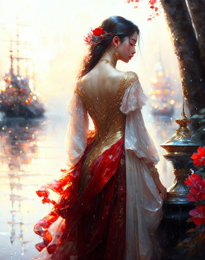 Woman in red and gold dress by tree in dreamlike setting