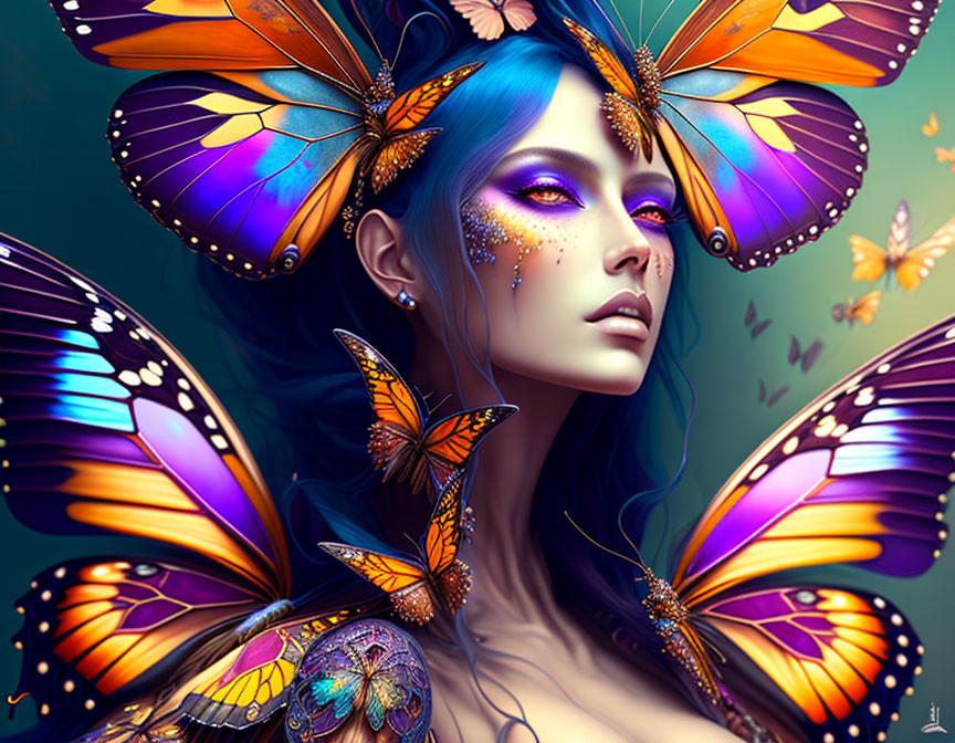 Blue-skinned woman with butterfly motifs and vibrant butterflies.