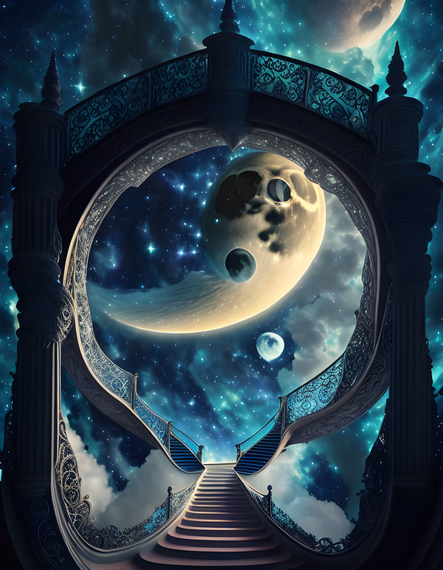 Fantastical staircase swirling towards large moon in starry night sky