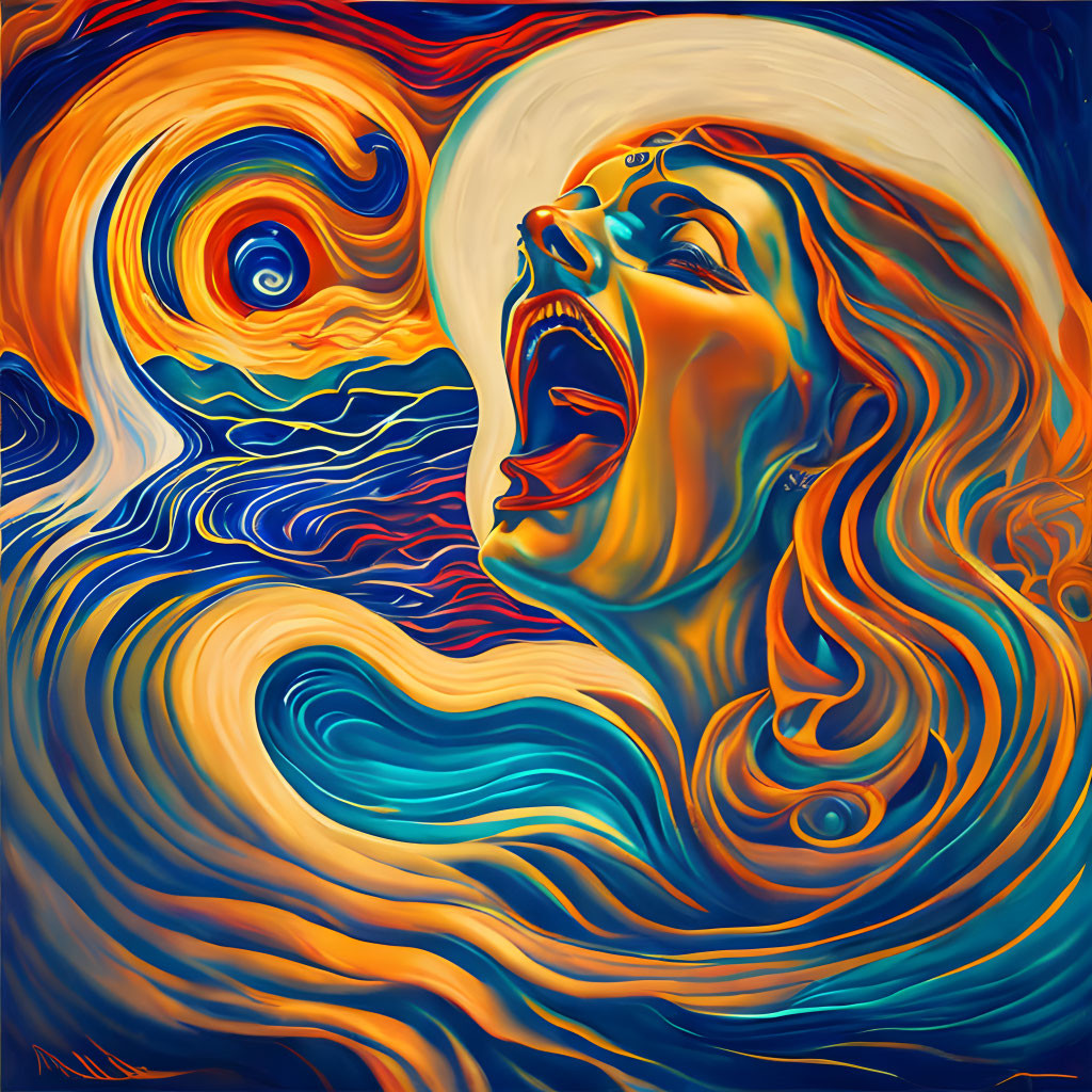 Surrealist painting: woman's face merges with swirling patterns in vibrant blue and orange hues