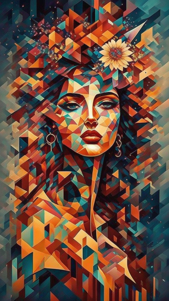 Geometric portrait of a woman with abstract shapes in warm orange and cool blue tones and a flower in