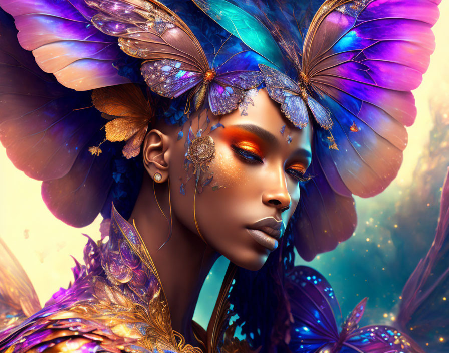 Fantasy digital art: Woman with blue & purple butterfly hair wings, gold butterfly on shoulder