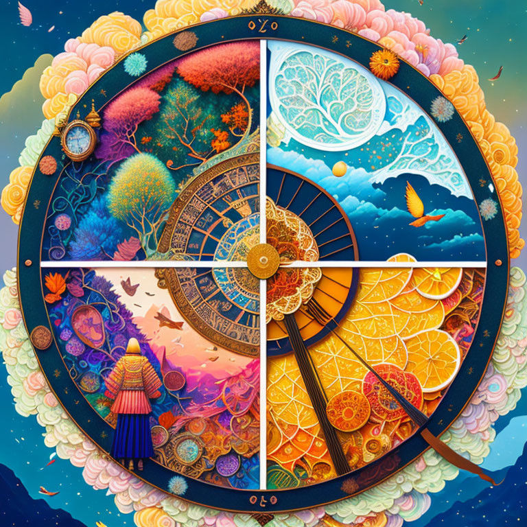 Circular Artwork Showcasing Four Seasons with Vibrant Nature and Traditional Figure