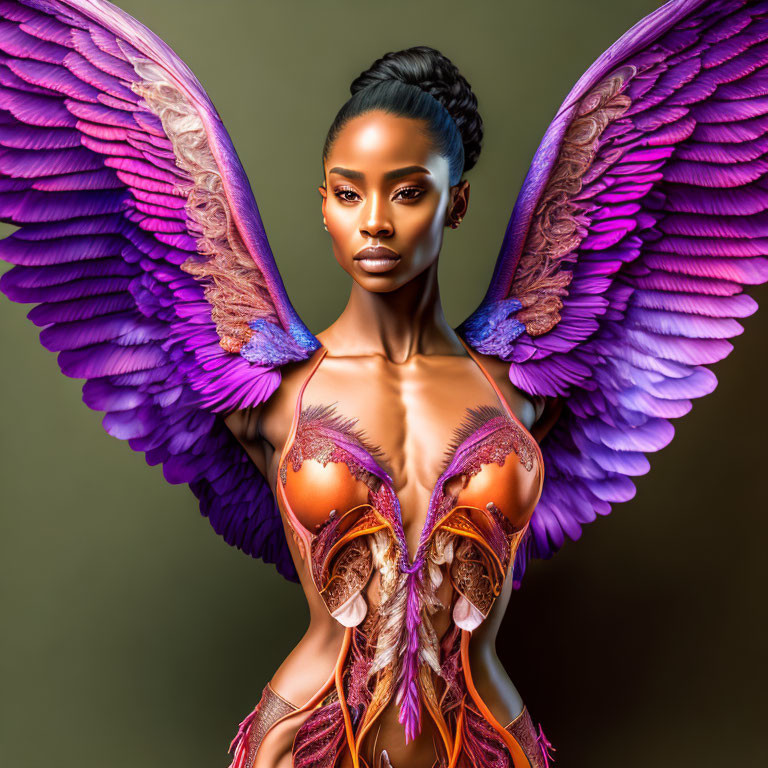 Woman with Striking Makeup and Purple Angel Wings in Elaborate Feather Costume