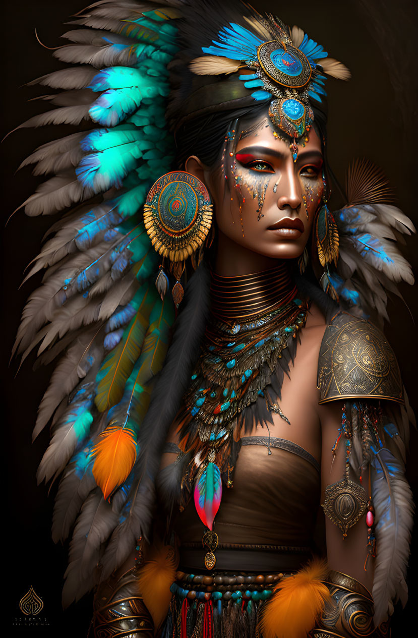 Intricate Native American headdress, jewelry, and body paint