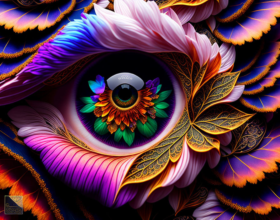 Colorful Stylized Eye with Feather Patterns and Gold-Leafed Details