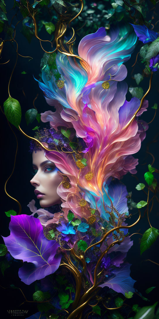 Vibrant digital artwork of woman with fiery hair and floral elements